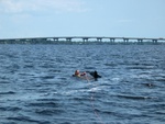 Since the tube disintegrated, Melissa tried to ski, but couldn't quite get above the water...