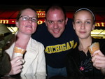 Mel, Charly2, and Lucy at Kilwin's on da beach, in January, outside, eating ice cream... (Yummy!)