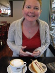 Once we arrived, Mel-Mel had a "breakfast of champions"!  A hot latte and sponge cake!