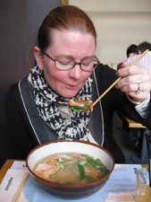 Melanie tries my chicken/noodle type soup...