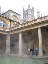 Three guys decide to dive in (just kidding, the water has high lead content, since the Roman lined the bath with it) -- it's off limits to touch or drink.