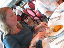 Plenty of good food on the ship -- here Melanie tries Lobster Ravioli.  It was delicious!