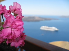 After touring the island, we went downtown into Fira.  Here's a shot of our cruise ship, the Celebrity Summit, from the Zagora restaurant high up in the mountains of Santorini.