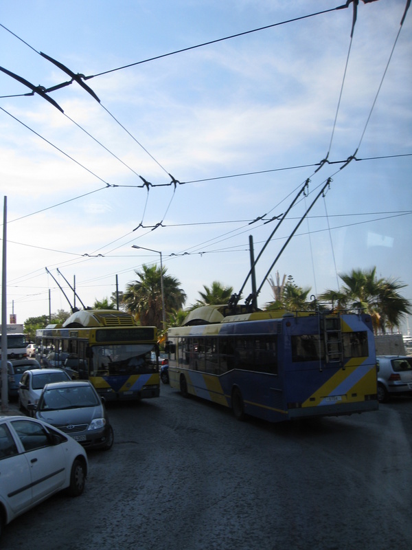 It's interesting how the buses in Athens work!  There's no track, but the top connects to these electrical sources.  