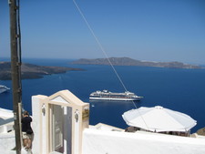 A view of our ship, the Celebrity Summit, from up in Fira!