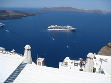 You can see the volcano on the left, and beautiful blue water all around.