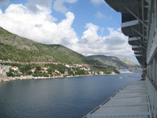 A view of the coastline framed by the ship.